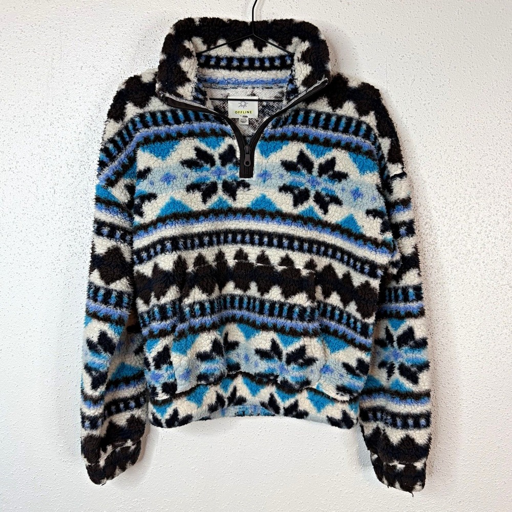 OFFLINE by Aerie Women's Fleece 1/4 Zip Mock Neck Geometric Blue XS